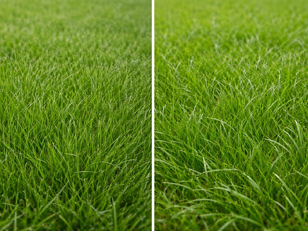 Gros plan de deux zones de gazon dense, brins fins et verts, pour comparer leur texture