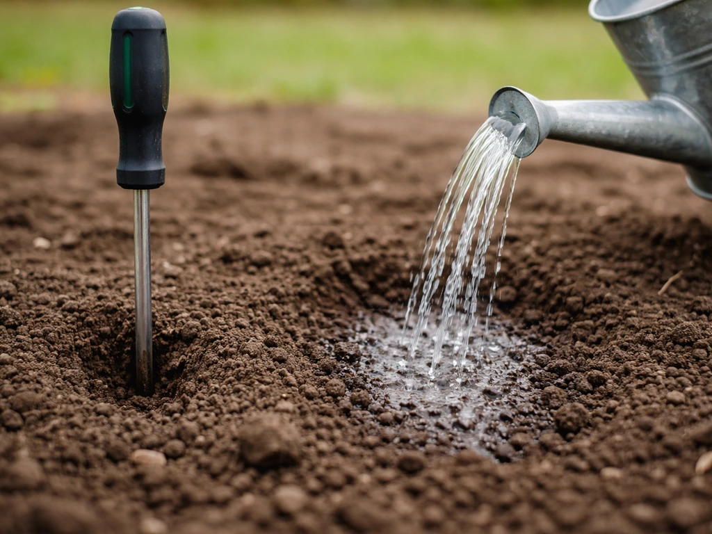 Tournevis planté dans la terre et arrosoir versant un filet, sol en cours de diagnostic pour compaction et drainage.