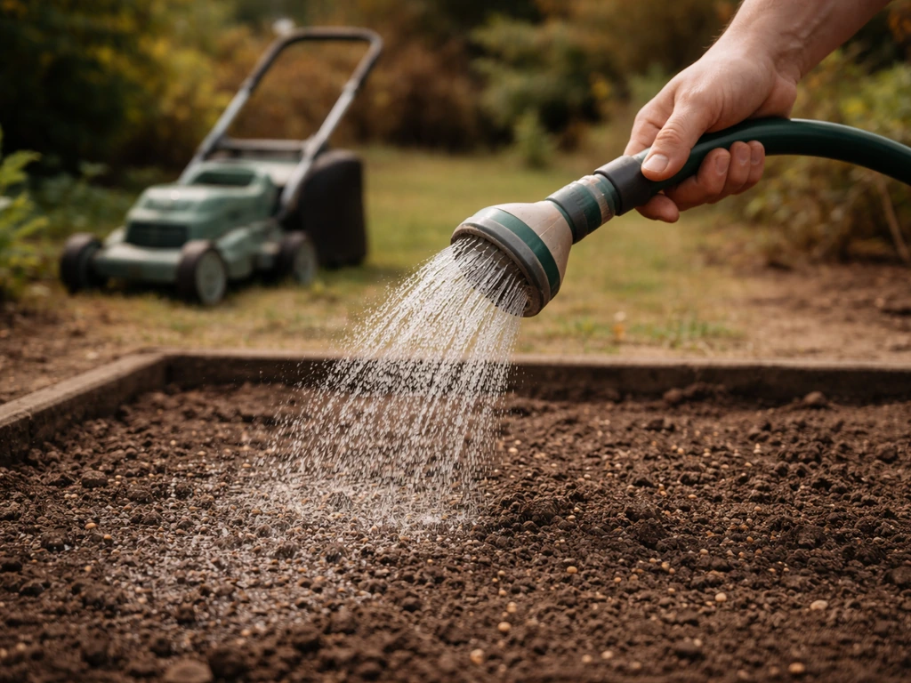 Arrosage en pluie fine de semis dans un potager, avec une tondeuse visible en arrière-plan.