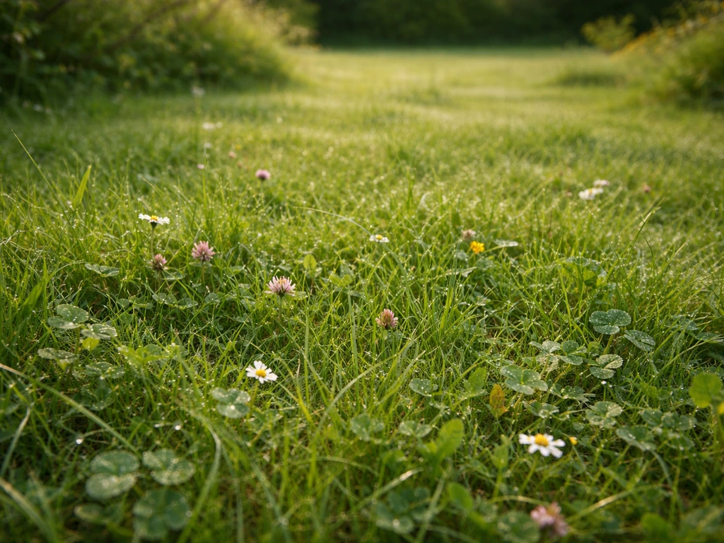 Gazon champêtre français luxuriant avec graminées, trèfles et quelques fleurs sauvages dans un jardin naturel.