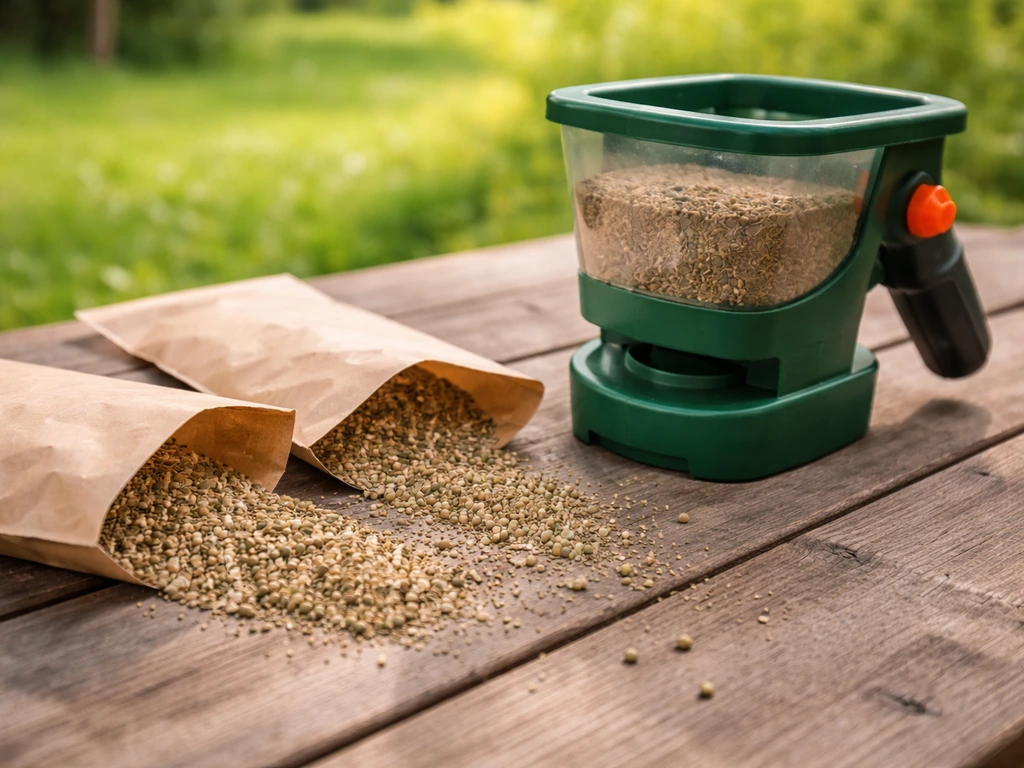 Semoir et sachet de graines de fétuques et trèfles pour un gazon champêtre, dans un jardin.
