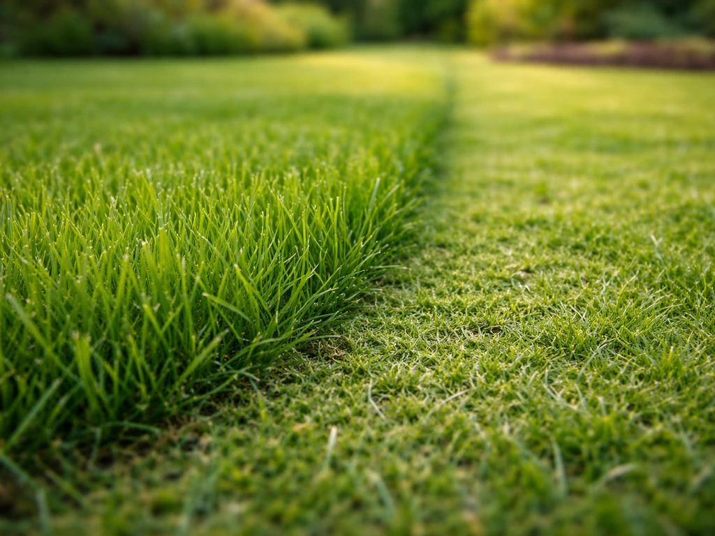Gros plan d’une pelouse tondue haute (7–8 cm), montrant des brins d’herbe coupés net.