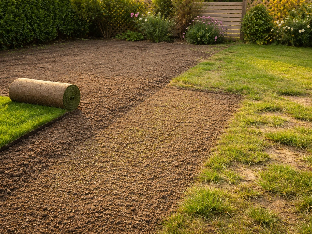 Jardin montrant trois zones : terrain nu pour poser/semis, et pelouse clairsemée à regarnir.