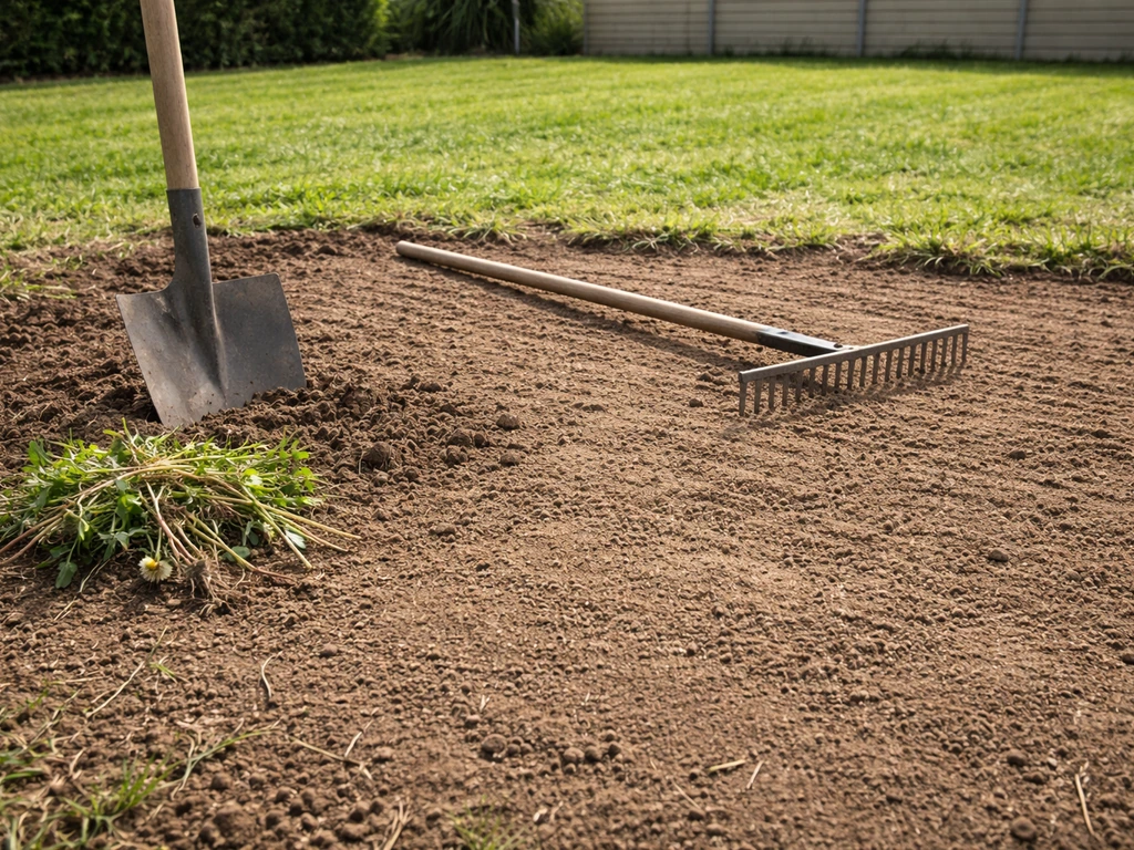 Jardin en préparation : désherbage au petit outil, terre nivelée au râteau et surface prête pour le gazon
